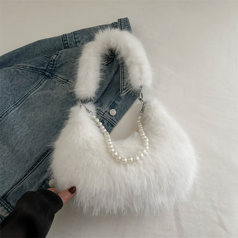 Free Delivery Designer Bag 2025 New High End Furry Temperament Autumn And Hand Held Single Shoulder Pearl Chain Winter Stylish Versatile Plush Luxury 