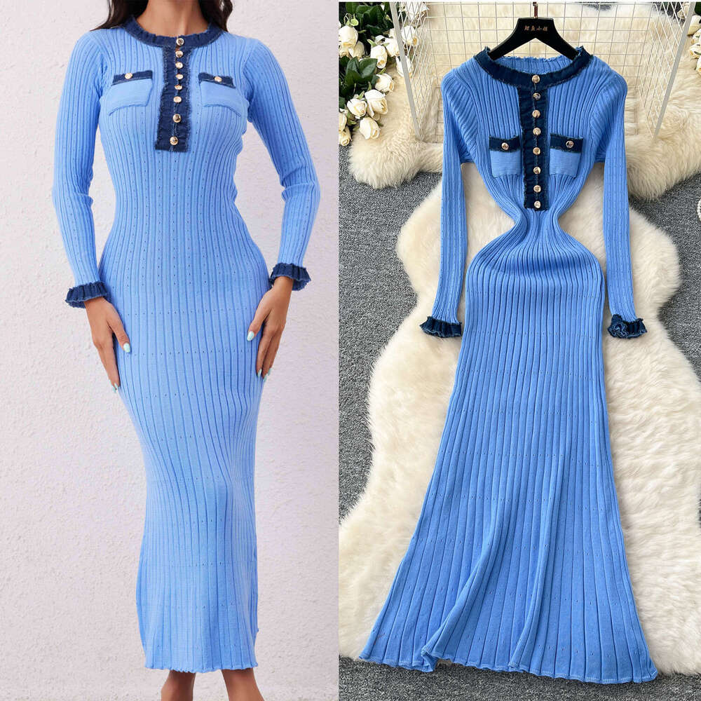 White Dress Maxi Dress Wind Contrasting Color Round Neck Metal Buckle Slim Knit Dress For Women, Elastic Tight Fitting, Hip Hugging, Woolen Dress, Lon