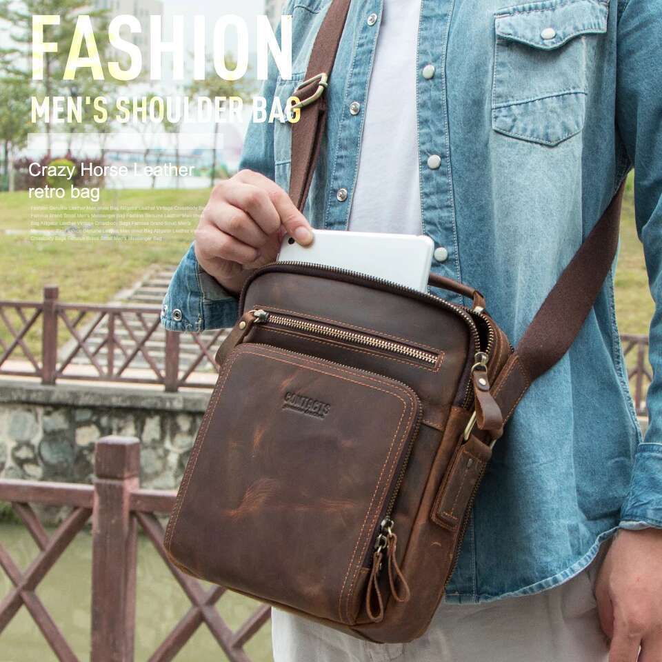 Contact's Crazy Horse Leather Men's Shoulder Vintage Messenger Men Bolsos Male Crossbody Bags Man's Handbag Sling Bag