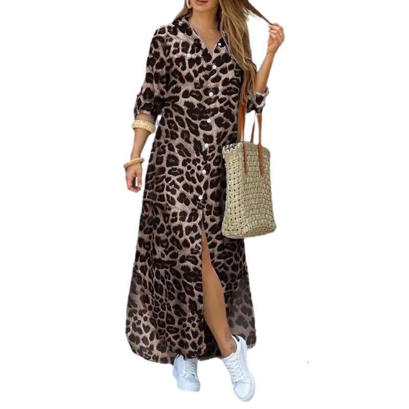 White Dress Maxi Dress 2023 New Spring And Autumn Leisure Leopard Pattern Fashion Split Extra Long Women's Shirt Dress KQ