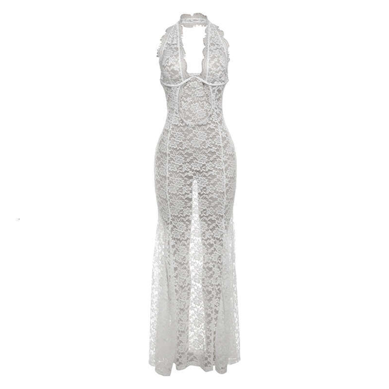 Wind 2024 women's summer new style temperament lace hollow hanging neck long skirt sexy backless solid color dress