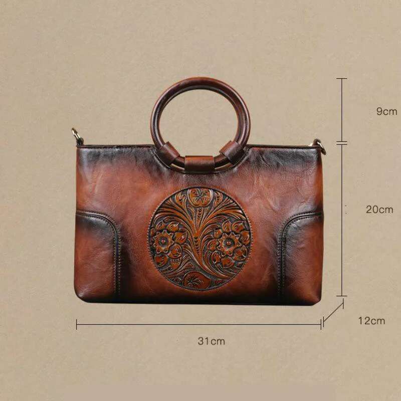 2025 New High Quality Leather Handbag Retro Handmade Emed Shoulder Bag For Women Large Capacity Female Messenger Bags