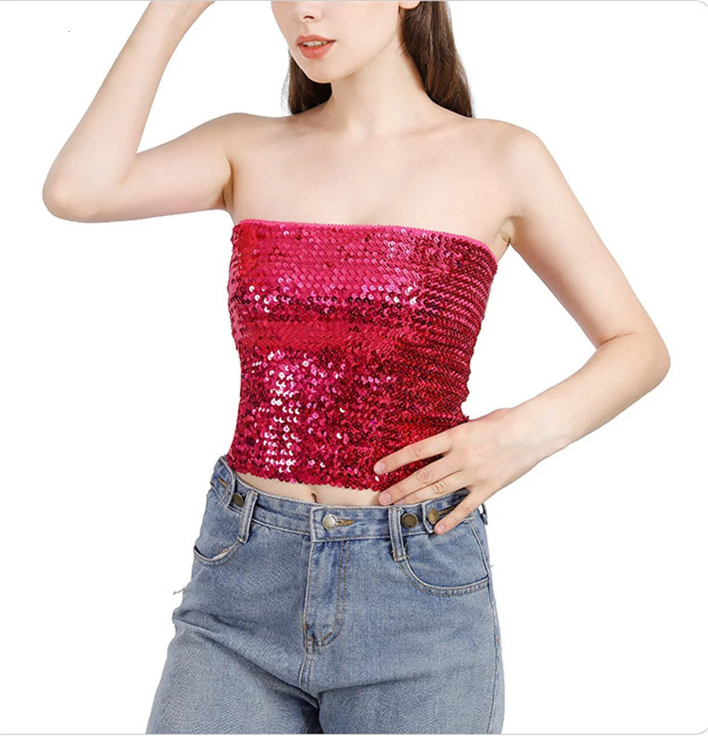 Womens Sparkly Sequin Mermaid Crop Tops Strapless Metallic Tube for Party Clubwear 250515
