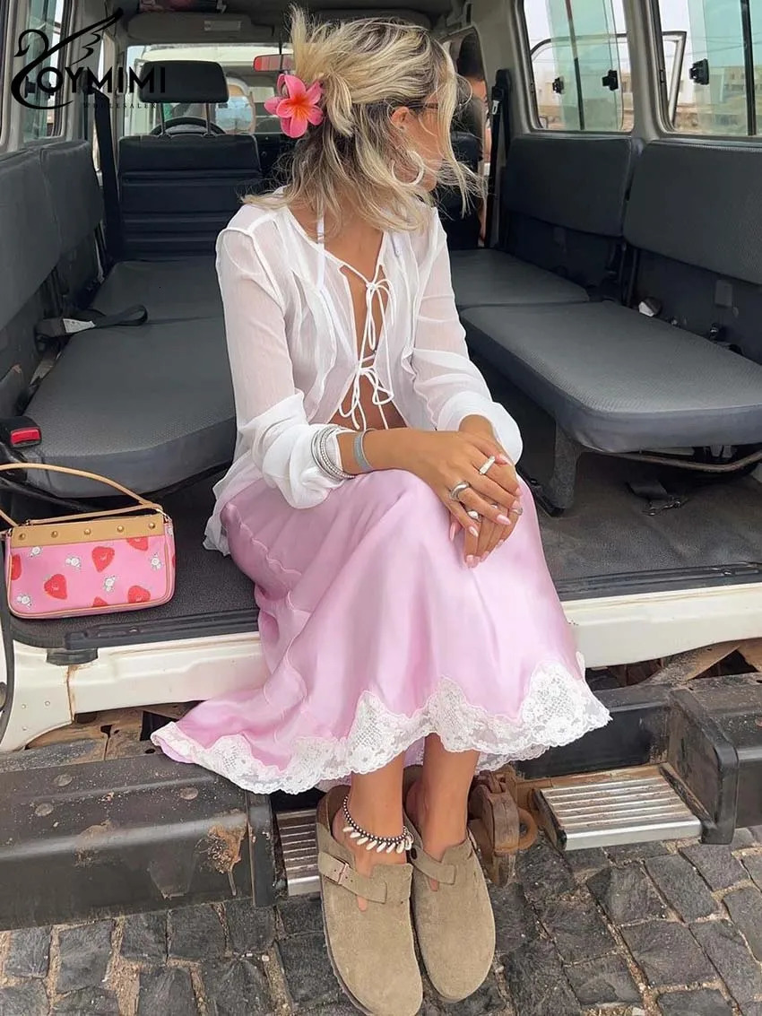 Oymimi Elegant Pink Lace Skirts For Women Casual Low Waisted Patchwork Skirts Streetwear Fashion Straight Ankle-Length Skirt 250514