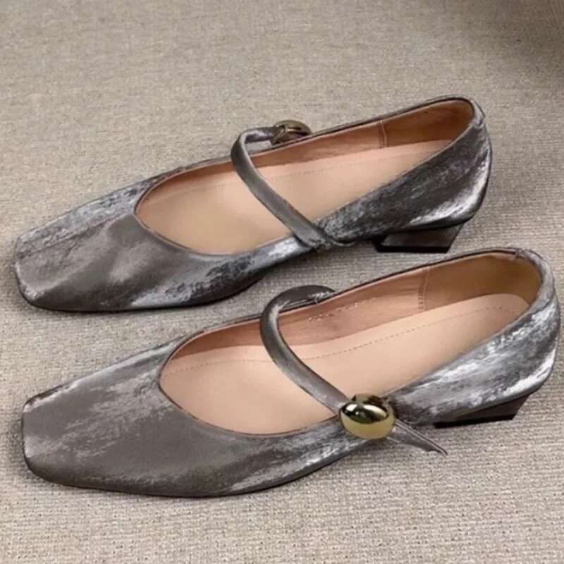 2025 Low Summer New Square Head Shallow Mouth Suede Metal Buckle Soft Sole Anti-slip Wear-resistant Heel Shoes