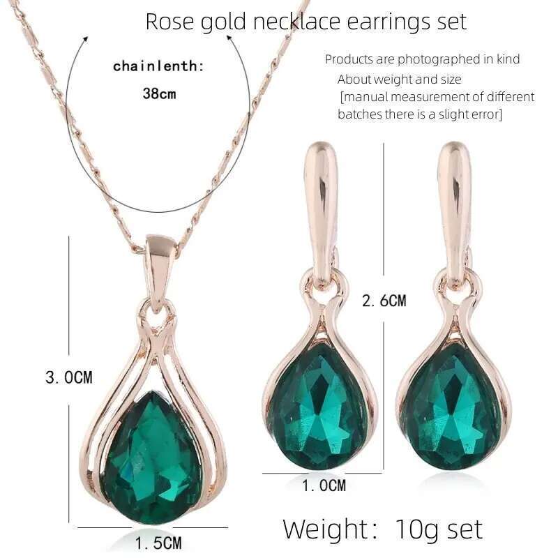 3Pcs Rose Gold-Color Necklace Earrings Green Crystal Glass Alloy Pendant Simple Fashion Style Jewelry Set