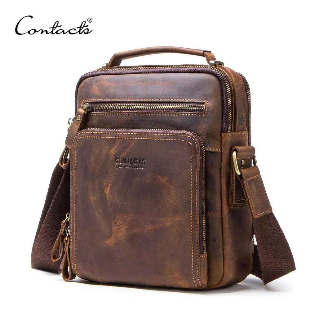 Contact's Crazy Horse Leather Men's Shoulder Vintage Messenger Men Bolsos Male Crossbody Bags Man's Handbag Sling Bag