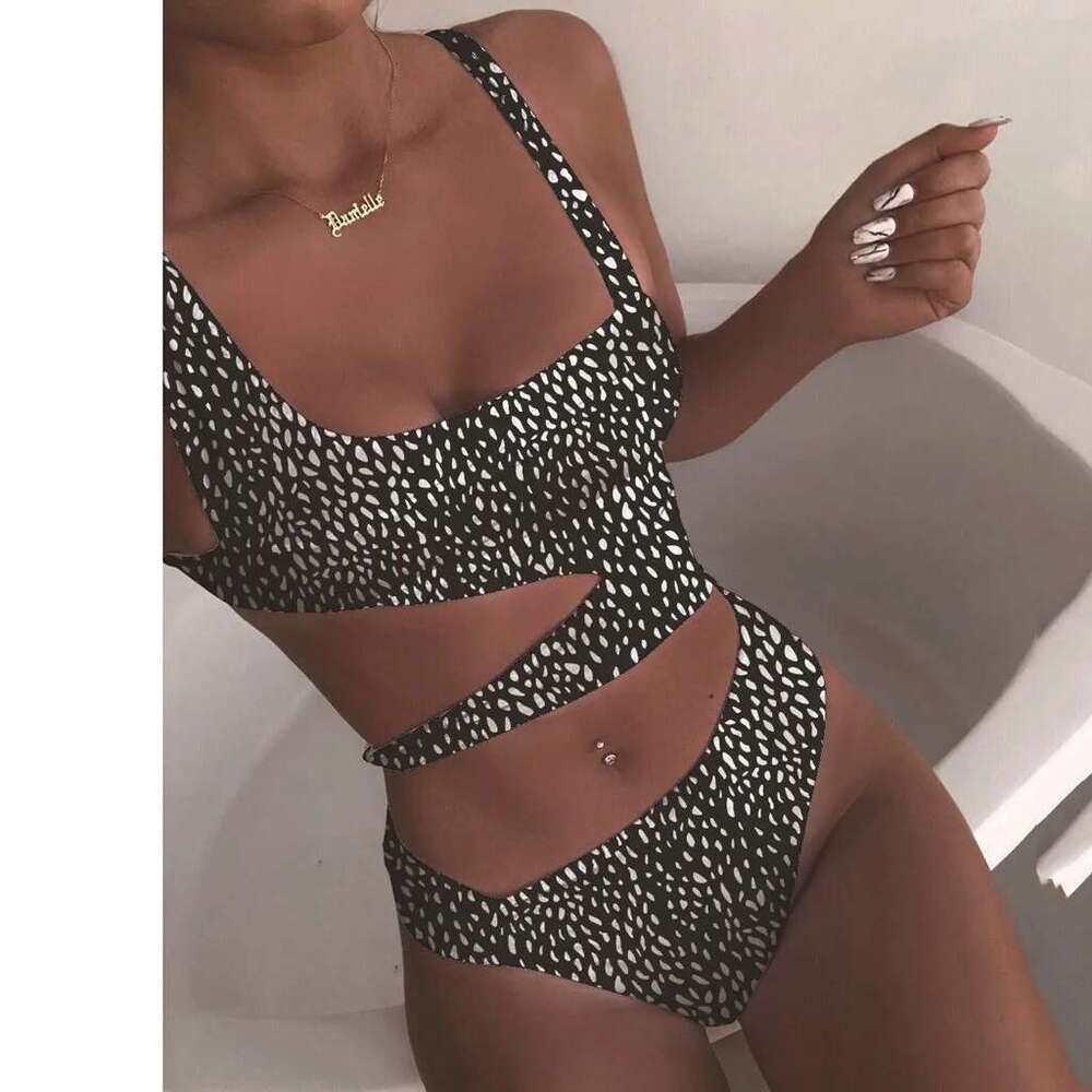 Women's Leopard Print Bikinis Swimwear Off Shoulder Hollow Swimsuit Push Up Bra High Waist Traceless Breath Comfty Bikini Set