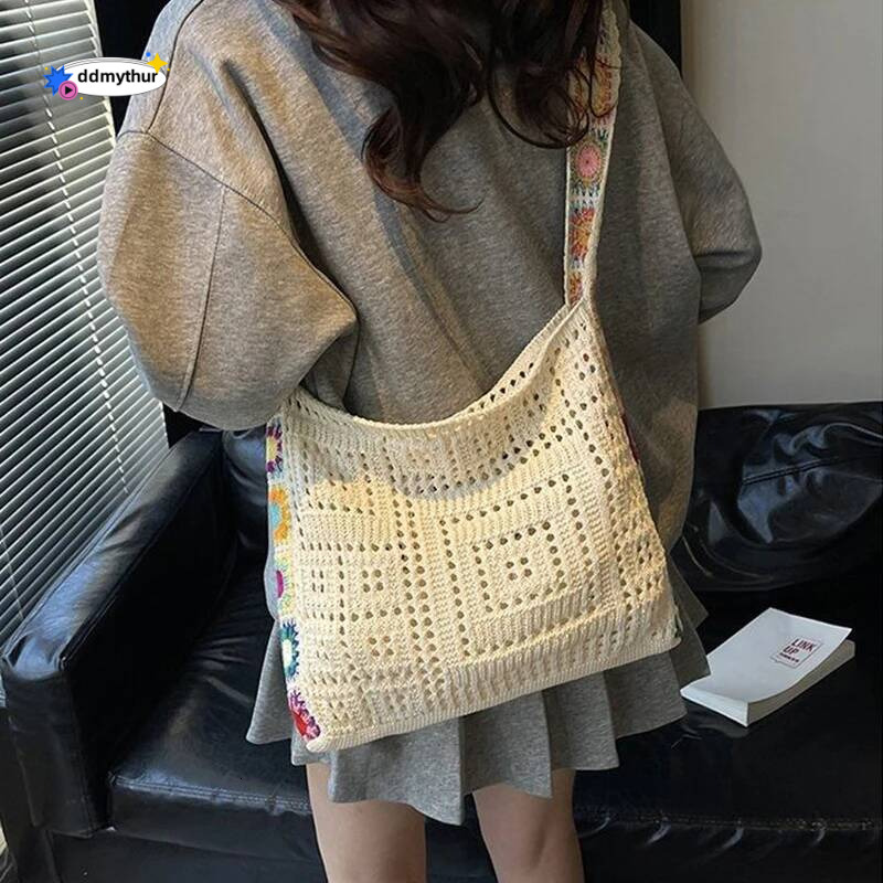 Large Capacity Boho Tote Bag Trendy Floral Crochet Vintage Multicolor Cut-out Knitted Handbag Fashionable Hollow out ddmythur