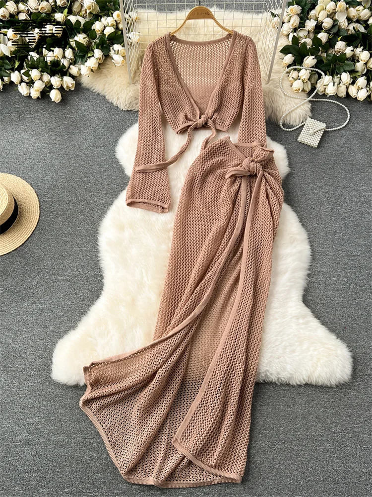 SINGREINY Vacation Two Piece Set Women Long Sleeve V Neck Short Top Adjustable Waist Split Skirt Knit Summer Beach Suit 250515