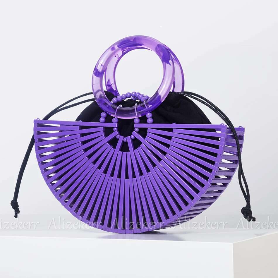 Vintage Half Bamboo Beach Handbags Women 2023 Summer Hollow Out Round Acrylic Handle Woven Straw Bags High Quality Holiday