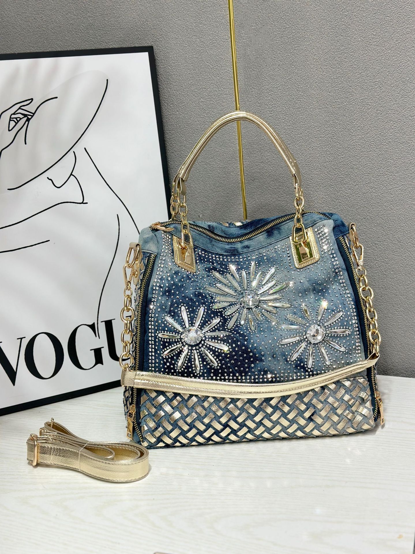 2025S designer new fashionable handbag with diamond inlaid denim woven women versatile shoulder crossbody bag