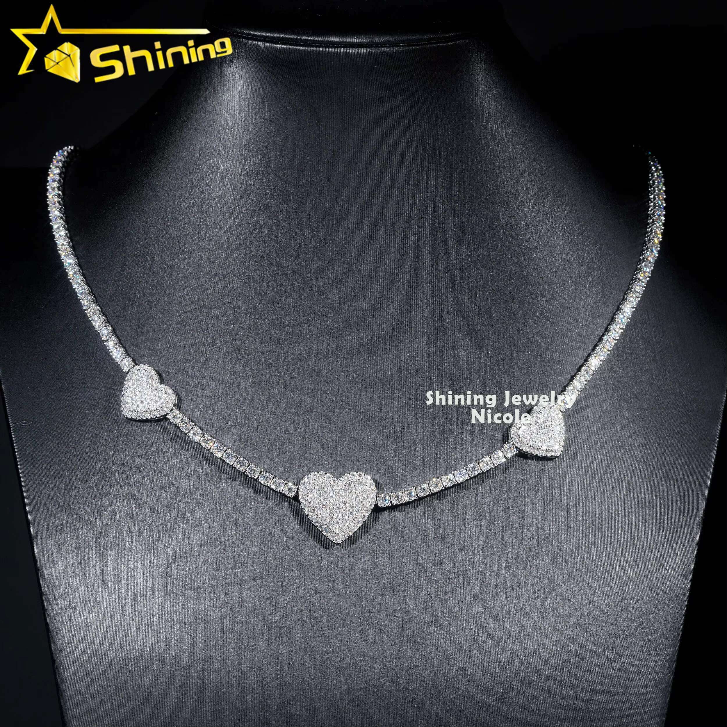 New Design Silver 925 VVS Diamond Moissanite 3MM Iced Out Heart Tennis Chain Necklace