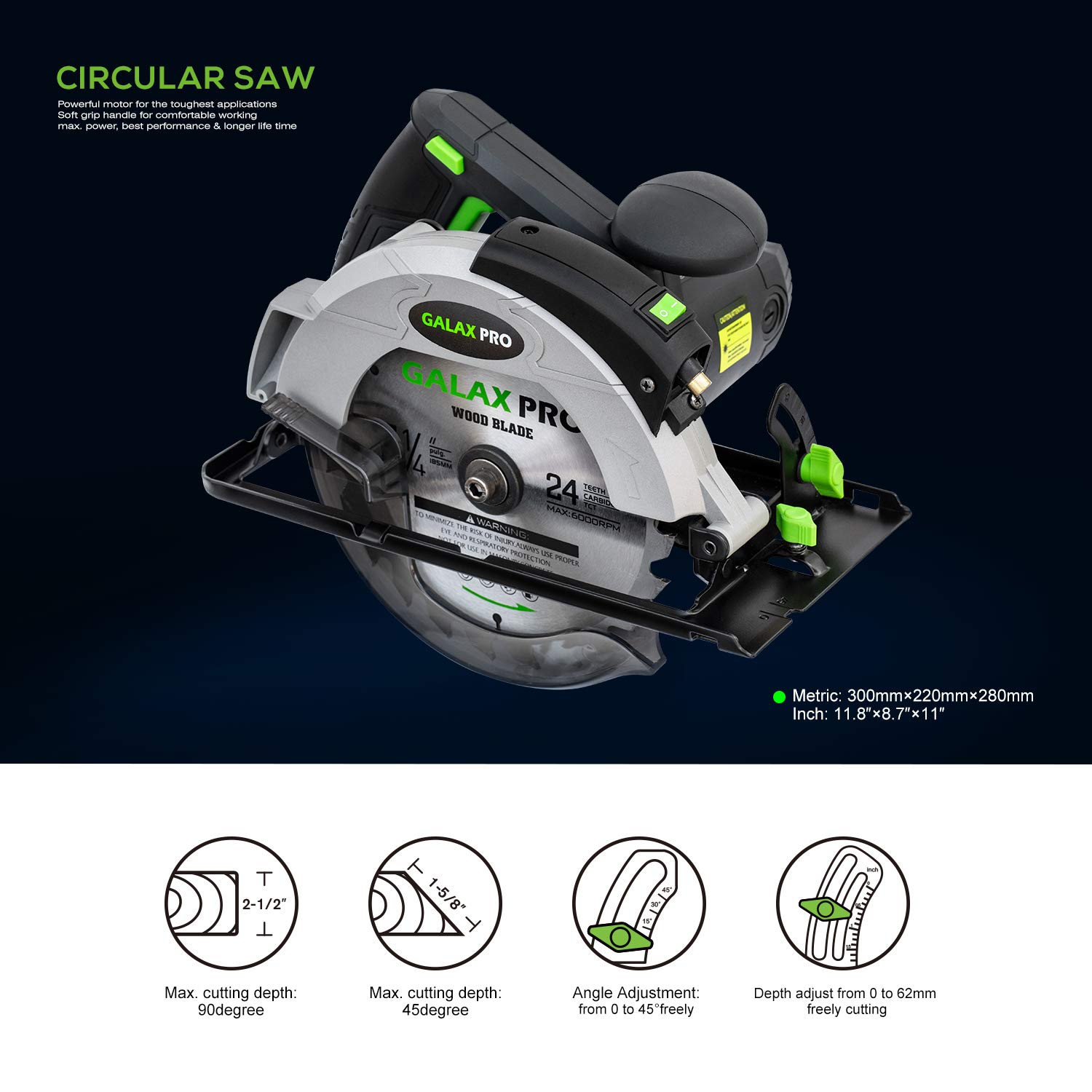 GALAX PRO Circular Saw 1400W 5500RPM Laser Guide Max Cutting Width 62mm (90°) 46mm (45°) Blade 185mm Electric Saw for Wood Plastic Thin Metal