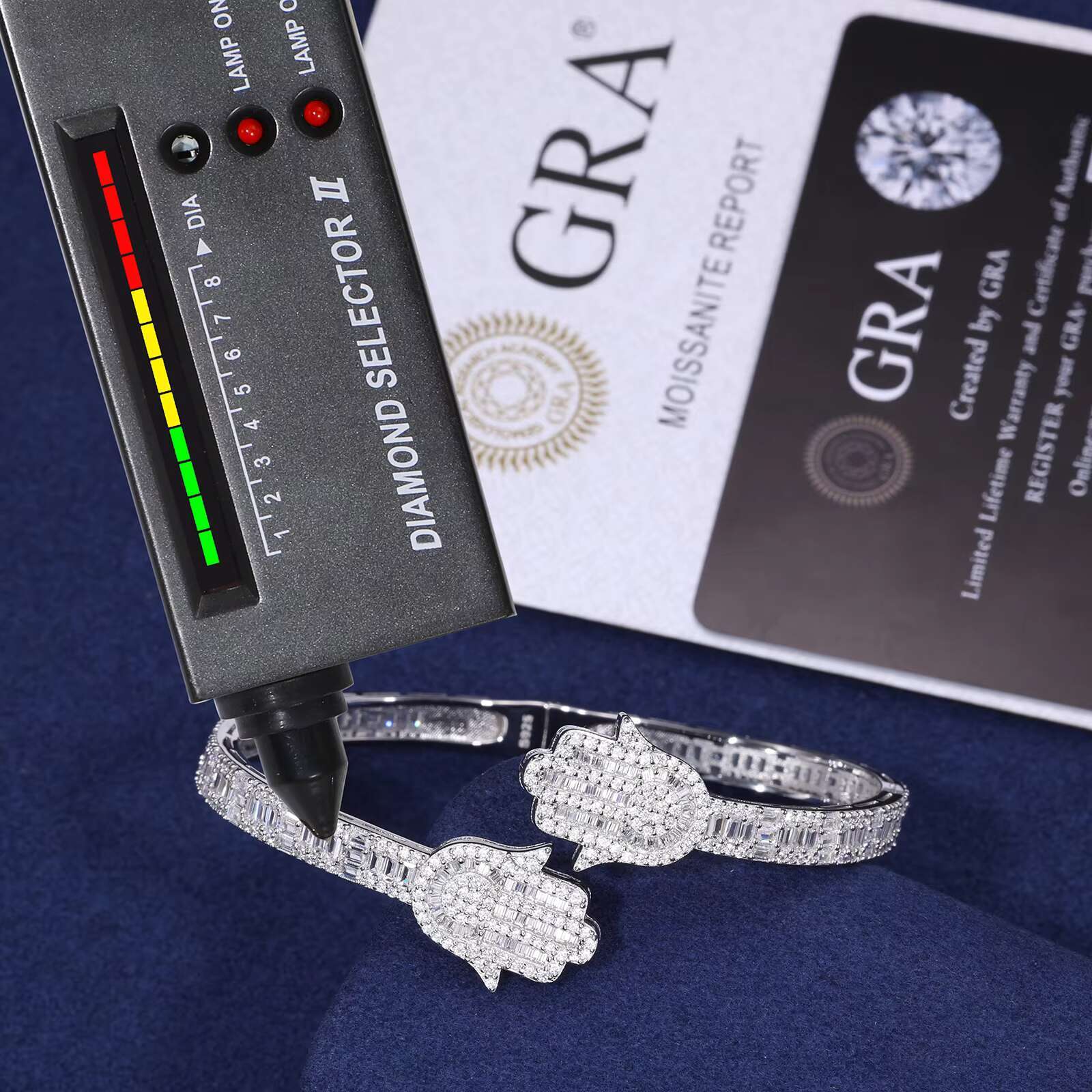 Wholesale Jewelry Women Men White Gold 925 Sterling Silver Baguette Moissanite Diamond Iced Out Hamsa Hand Bangle Bracelet