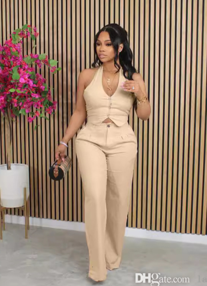 New Fashion Tracksuit Women Solid Color Two Piece Set Sexy Deep V-neck Hanging Neck Vest Suit And Loose Pants 2Pcs Sets For Women Outfits