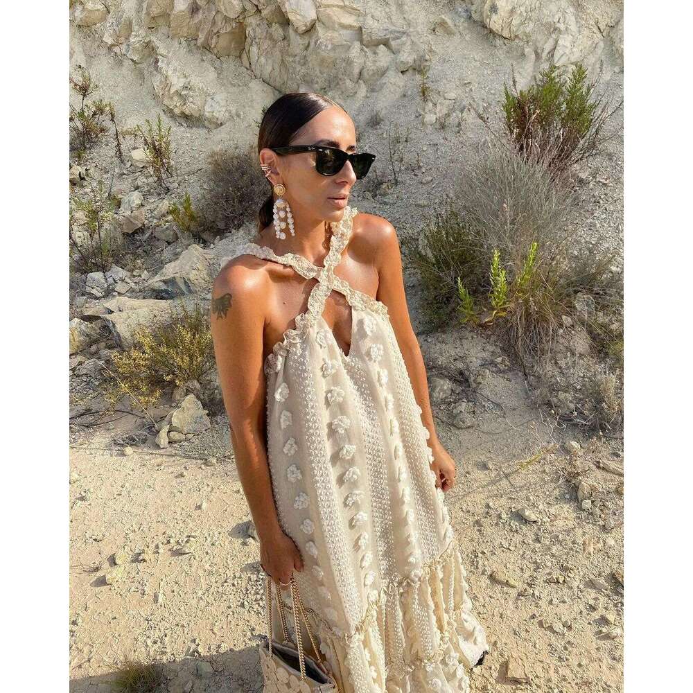 2023 Fashion Hanging Neck 3D Flower Floor mopping Cake Lace Long Dress