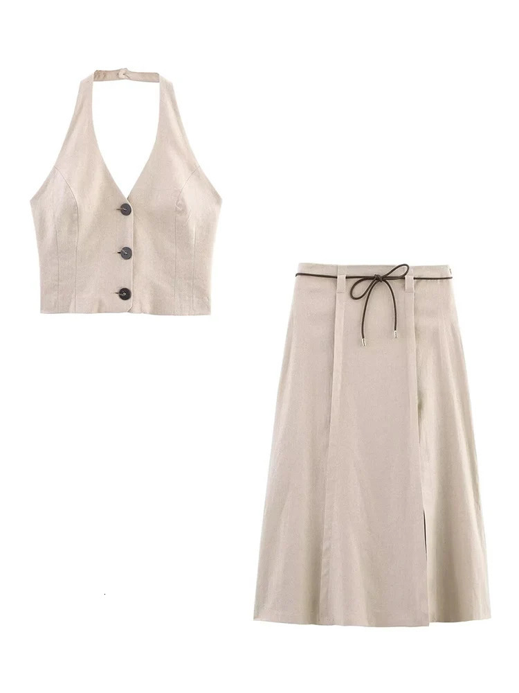 TFMLN Women Midi Skirt With Belt Sets Casual Halter Neck Backless Vest Top High Waist Aline Elegant Solid Streetwear 250515
