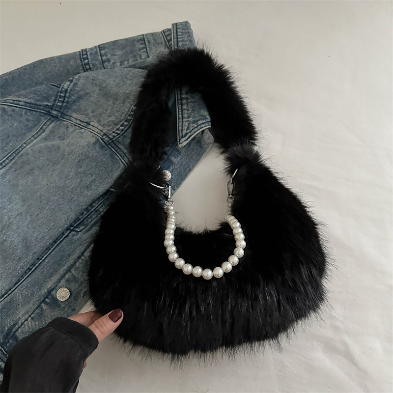 Free Delivery Designer Bag 2025 New High End Furry Temperament Autumn And Hand Held Single Shoulder Pearl Chain Winter Stylish Versatile Plush Luxury 