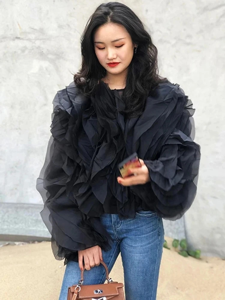 TWOTWINSTYLE Vintage Patchwork Ruffle Shirt For Women O Neck Lantern Long Sleeve Solid Elegant Blouse Female Fashion Style 250515