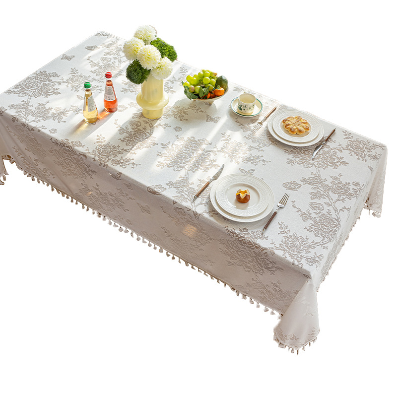 A0909 French light luxury tassel jacquard tablecloth polyester hollow restaurant dustproof tablecloth rectangular mesh cover cloth wholesale