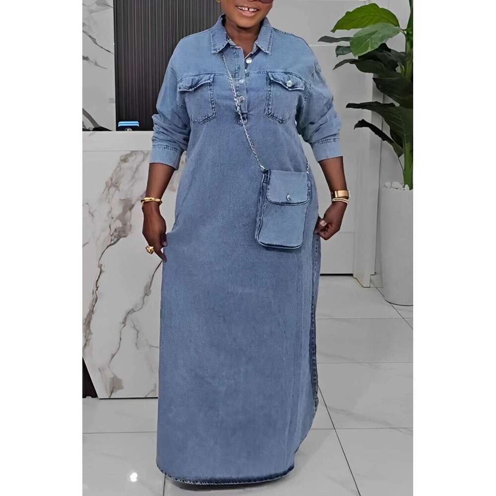 Plus Size Daily Light Blue Shirt Collar Long Sleeve Button Pocket Tencel Denim Maxi Dresses 2025 Women