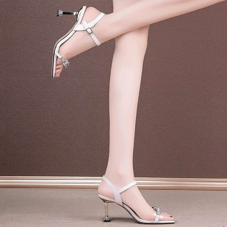 Fashion Ladies Shoes 2025 New Buckle Strap Women's Crystal Office and Career Summer Open Toe Plus Size Heeled Sandals