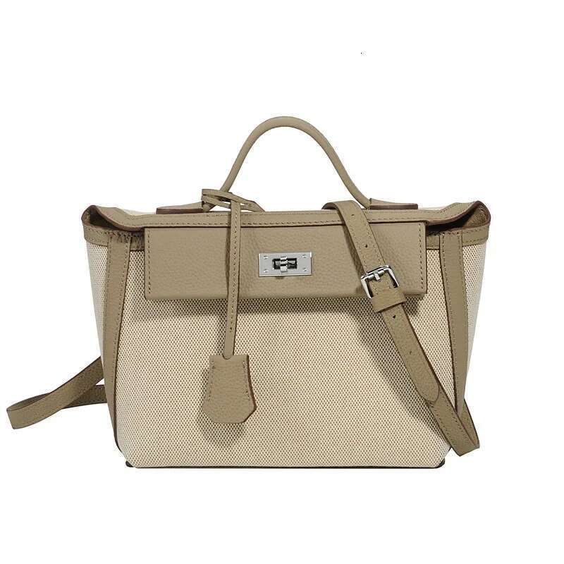 Vintage Classic High-End Feel Canva Cow Leather Flip-Open Molded Lock Buckle Color Blocking Small Square Crossbody Bag