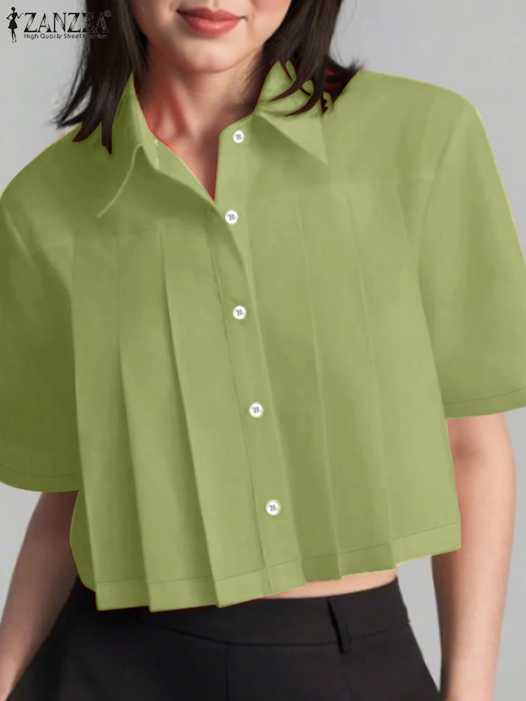 Summer Office Pleated Shirts ZANZEA Fashion Women Lapel Neck Short Sleeve Work OL Blouse Stylish Solid Cropped Tunic Tops 250515