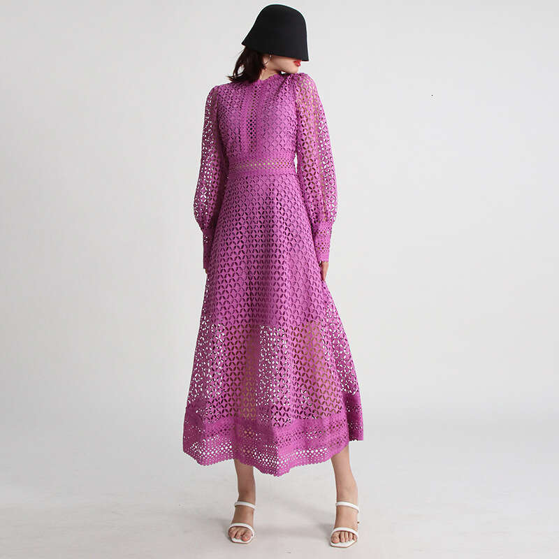 2025 Spring New Style: Hollow Embroidered Design, Comfortable Waist, Skirt, High End, Slimming, Long Sleeve Dress for Women