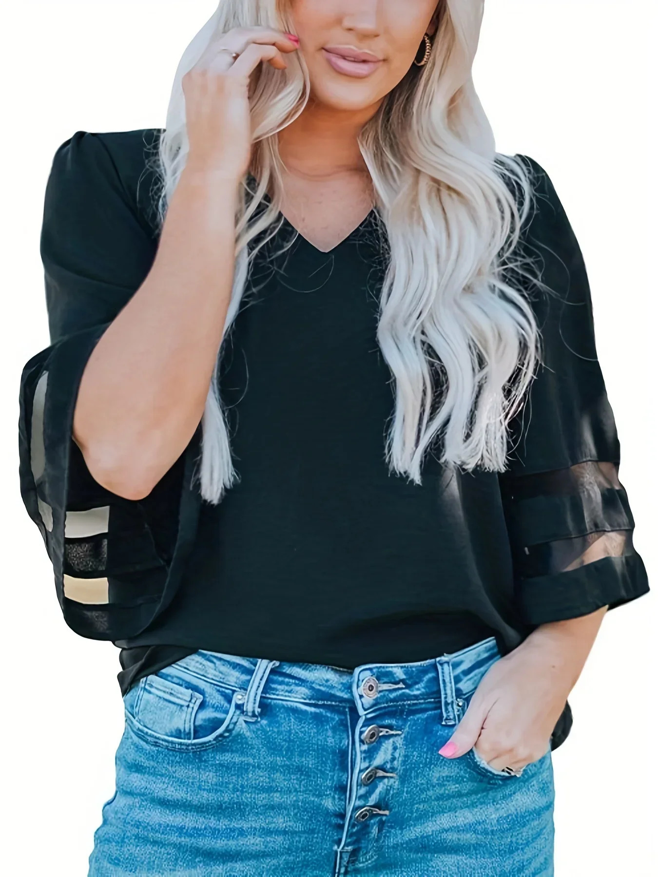 Women Plus Size Summer Loose V Neck Tops Ladies Mesh Stitching Casual Holiday Blouse Shirt Female Blouses Tunic Shirts 250515