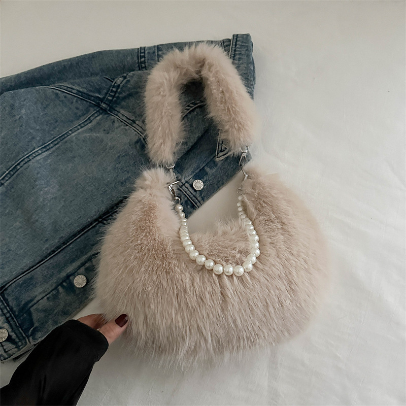 Free Delivery Designer Bag 2025 New High End Furry Temperament Autumn And Hand Held Single Shoulder Pearl Chain Winter Stylish Versatile Plush Luxury 