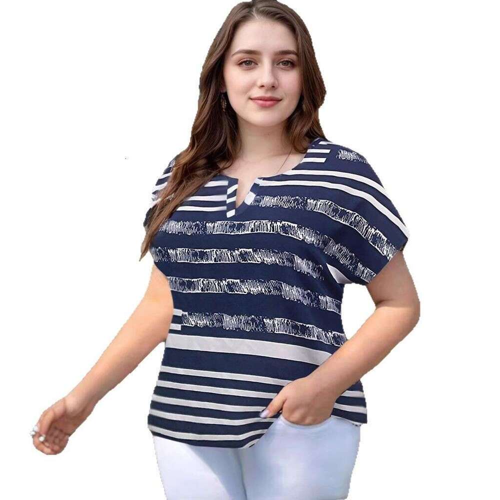 Plus Size Clothes French Tshirt Womens Designer Clothing Large Size Womens Spring and Summer New Item Striped Print V-neck Batball Sleeve Shirt T-shir