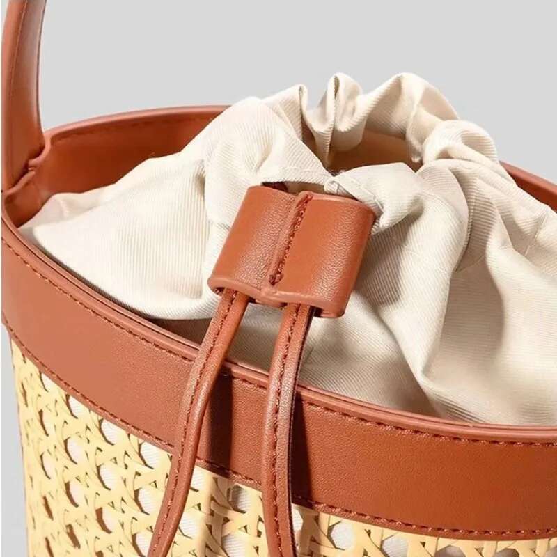 Fashion Bucket Hollowed Out Woven Women's PU Leather Shoulder Crossbody Bag, Handbag, Summer Vacation Beach Bag