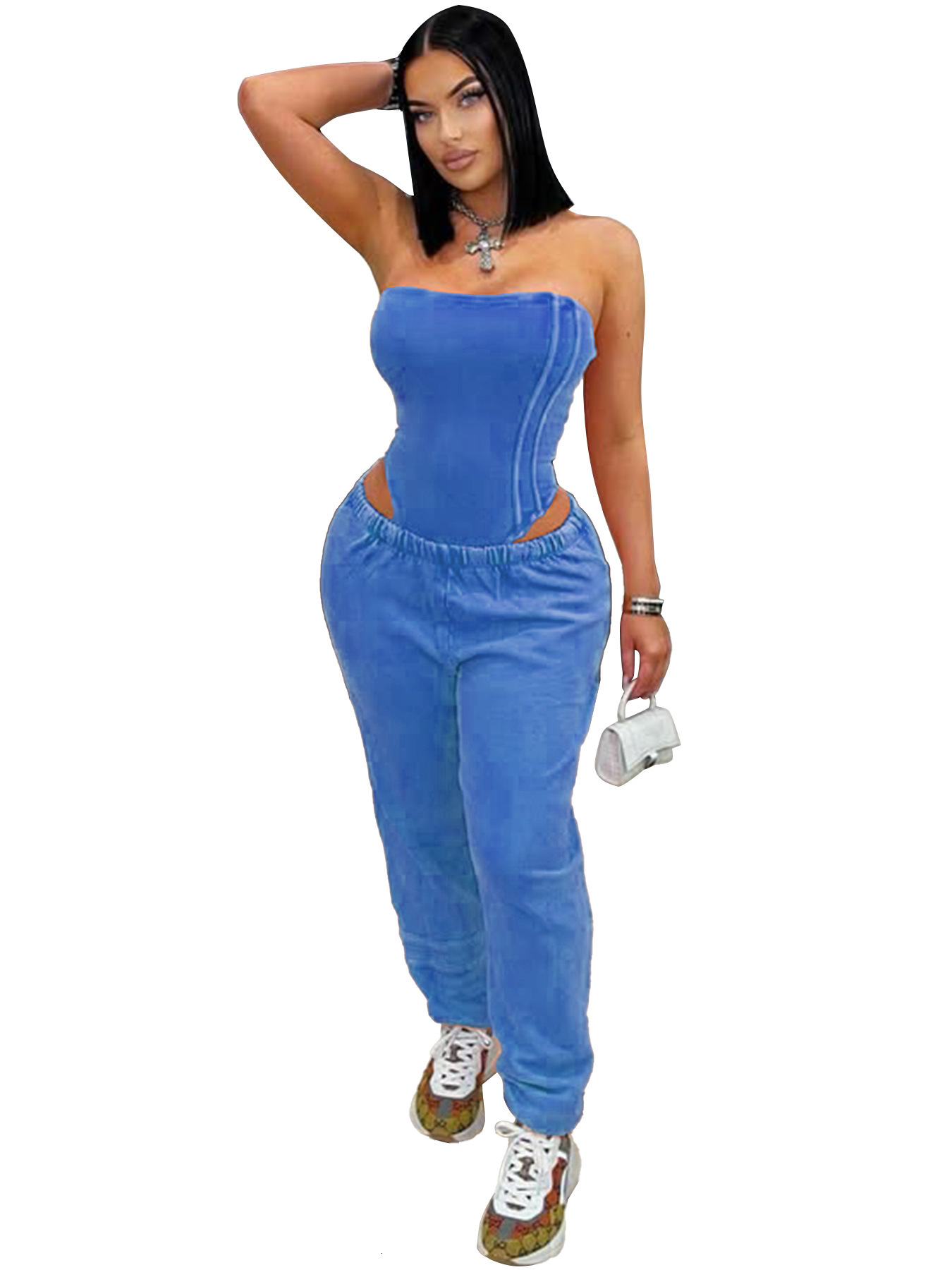 HR25082 womens washed worn strapless slim fitting jumpsuit loose fitting foot binding two-piece set