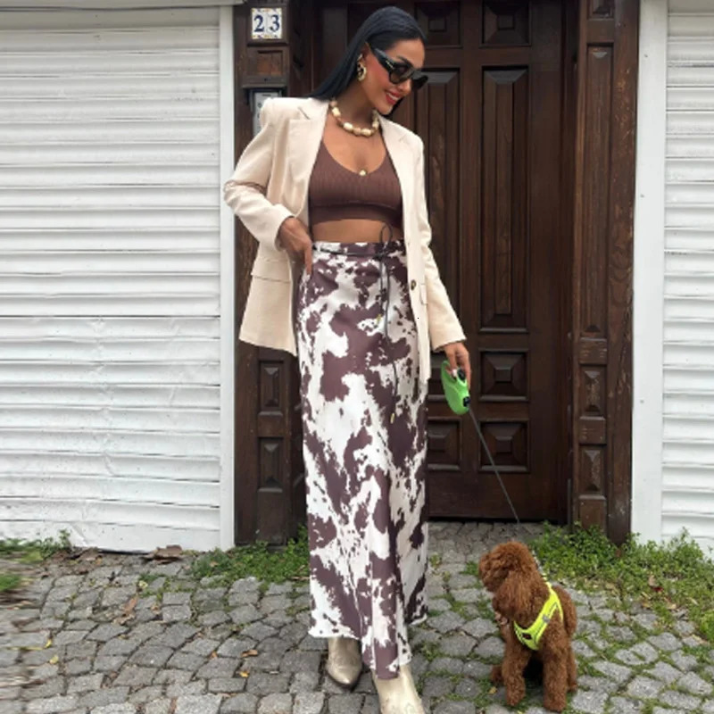 TRAF Print Satin Skirt Set Womens Suit Oversized Long Sleeve Shirt 2 Piece Sets Woman Outfit High Waist LaceUp 066 250515