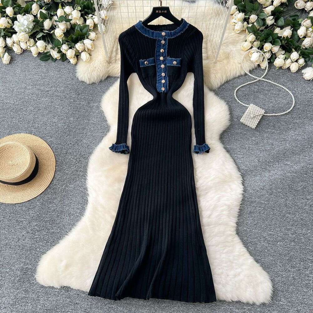 White Dress Maxi Dress Wind Contrasting Color Round Neck Metal Buckle Slim Knit Dress For Women, Elastic Tight Fitting, Hip Hugging, Woolen Dress, Lon