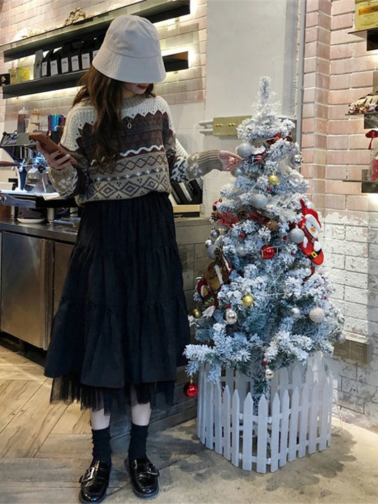 Long Tulle Midi Skirts Womens Autumn Elastic High Waist Mesh Tutu Pleated Skirts Female Black White Long Skirt Streetwear 250514