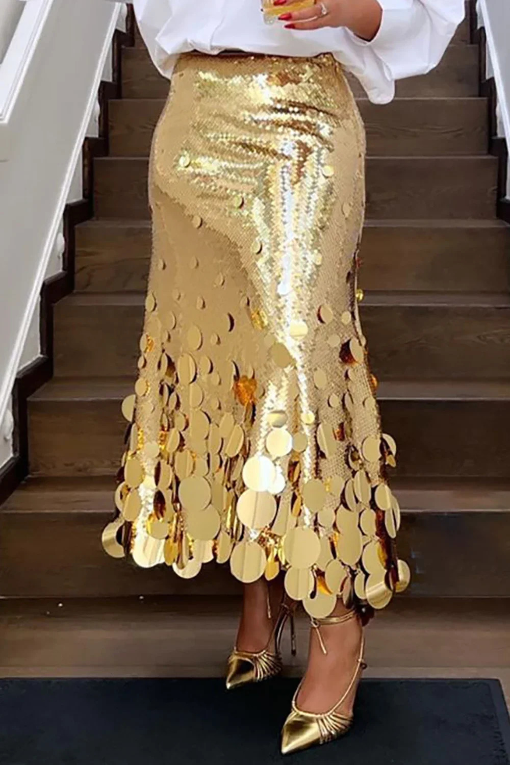 Womens Plus Size Formal Skirts Elegant Gold Long Sequin Party Club Evening High Waist Skirts Female Casual Cocktail Skirts 250514