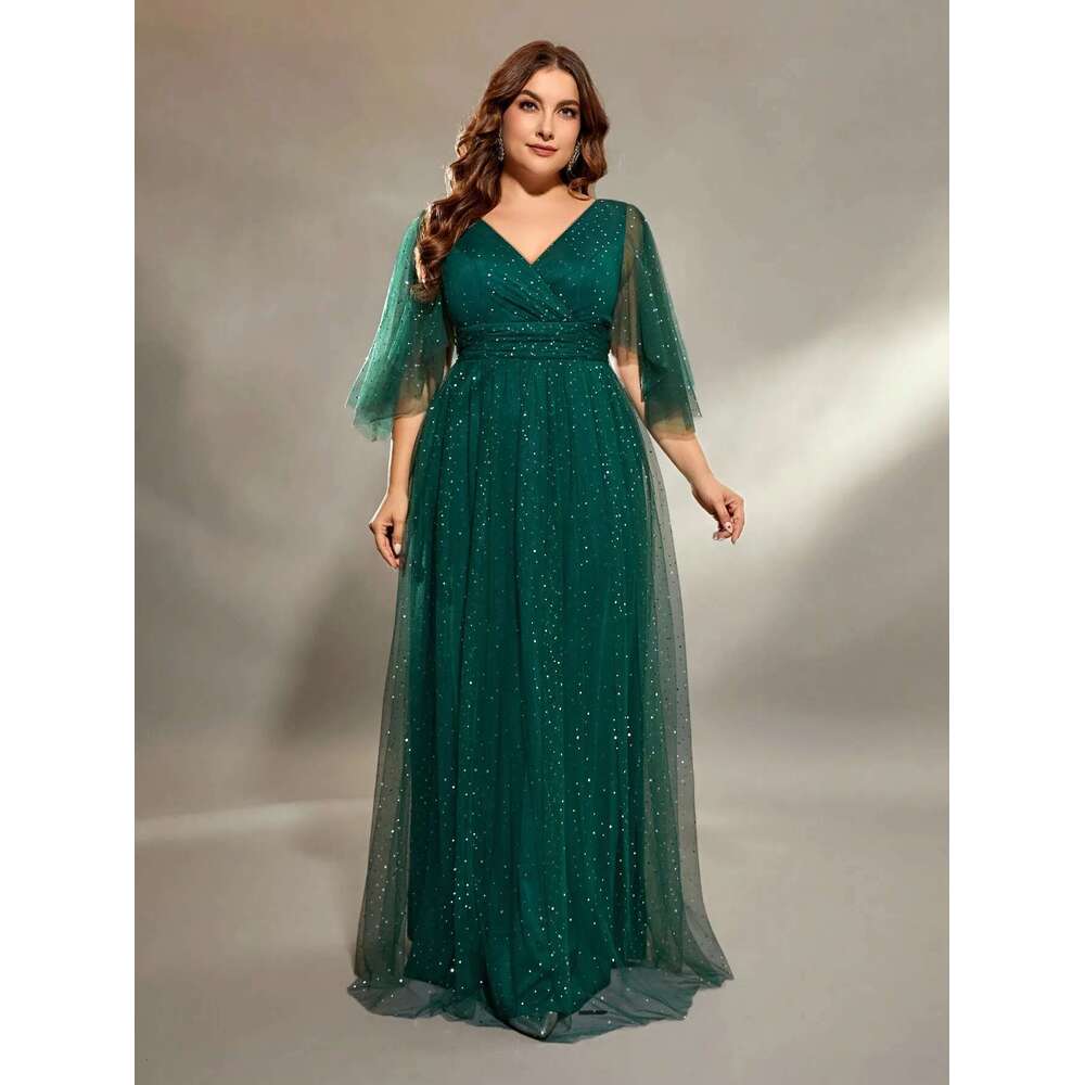 Mgiacy plus size V-neck cross chest pleats irregular long sleeve fillet netting A full skirt Evening gown Ball Party dress