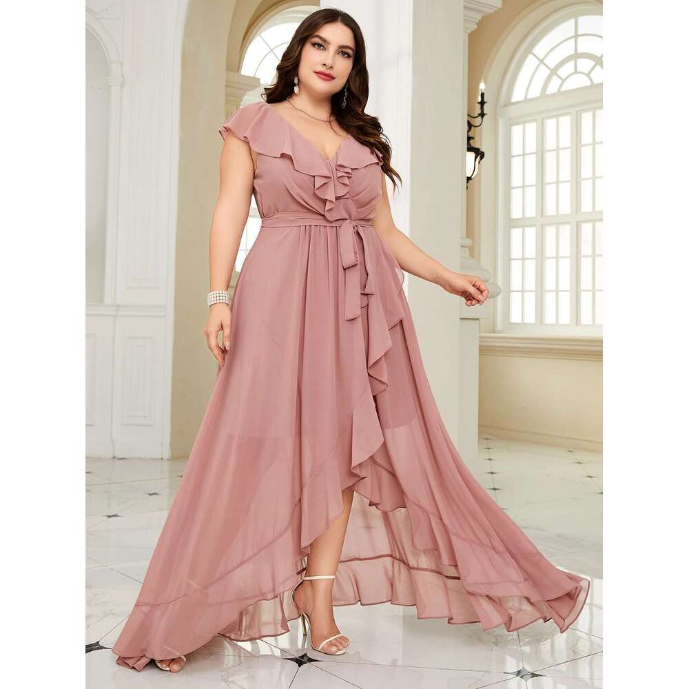 Unithorse Plus Size Women Summer Asymmetric Ruffle Lace With Waist Belt Elegant Chiffon Formal Bridesmaid Dress