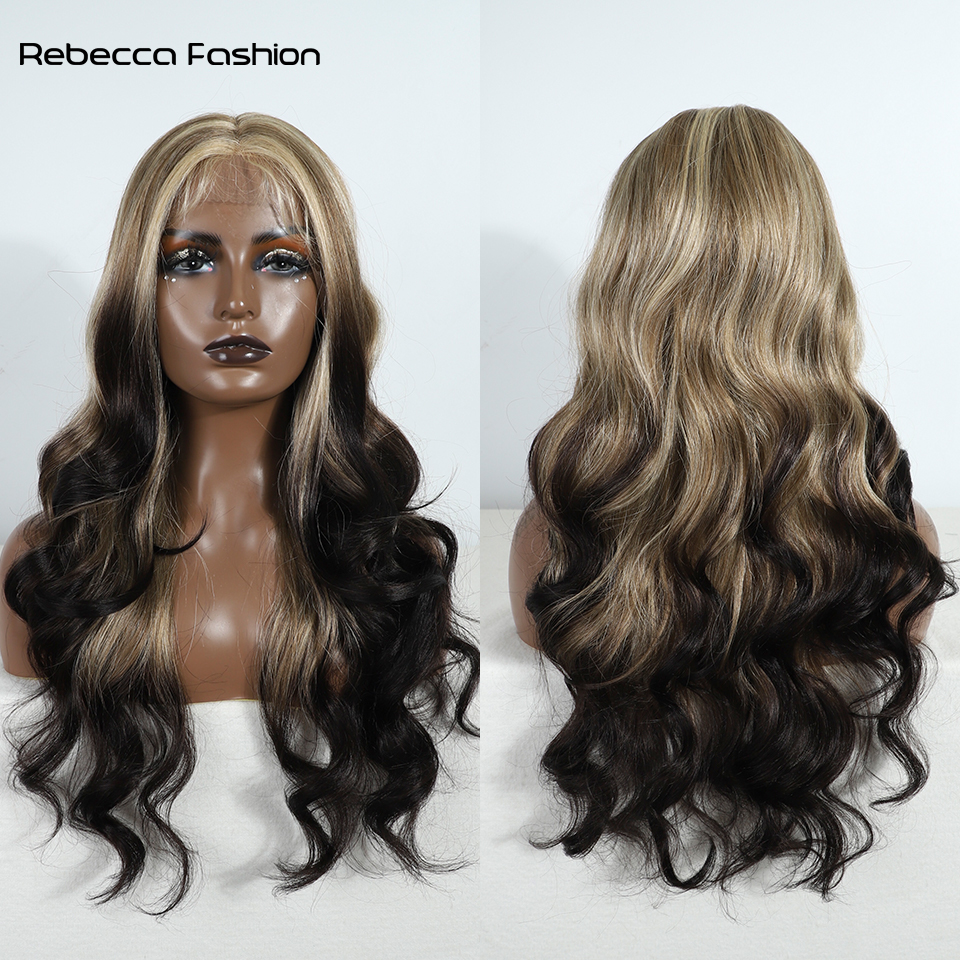 Rebecca Fashion Lace Front Wigs For Women 28'' Highlight Honey Brown Body Wave Ombre Blonde Lace Synthetic Cosplay Wig