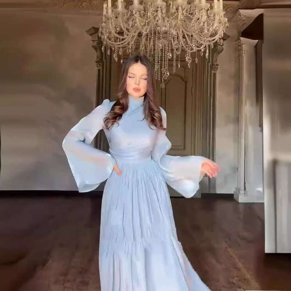 Cross half high neck for women 2023 new long sleeved tea break French style waist length dress