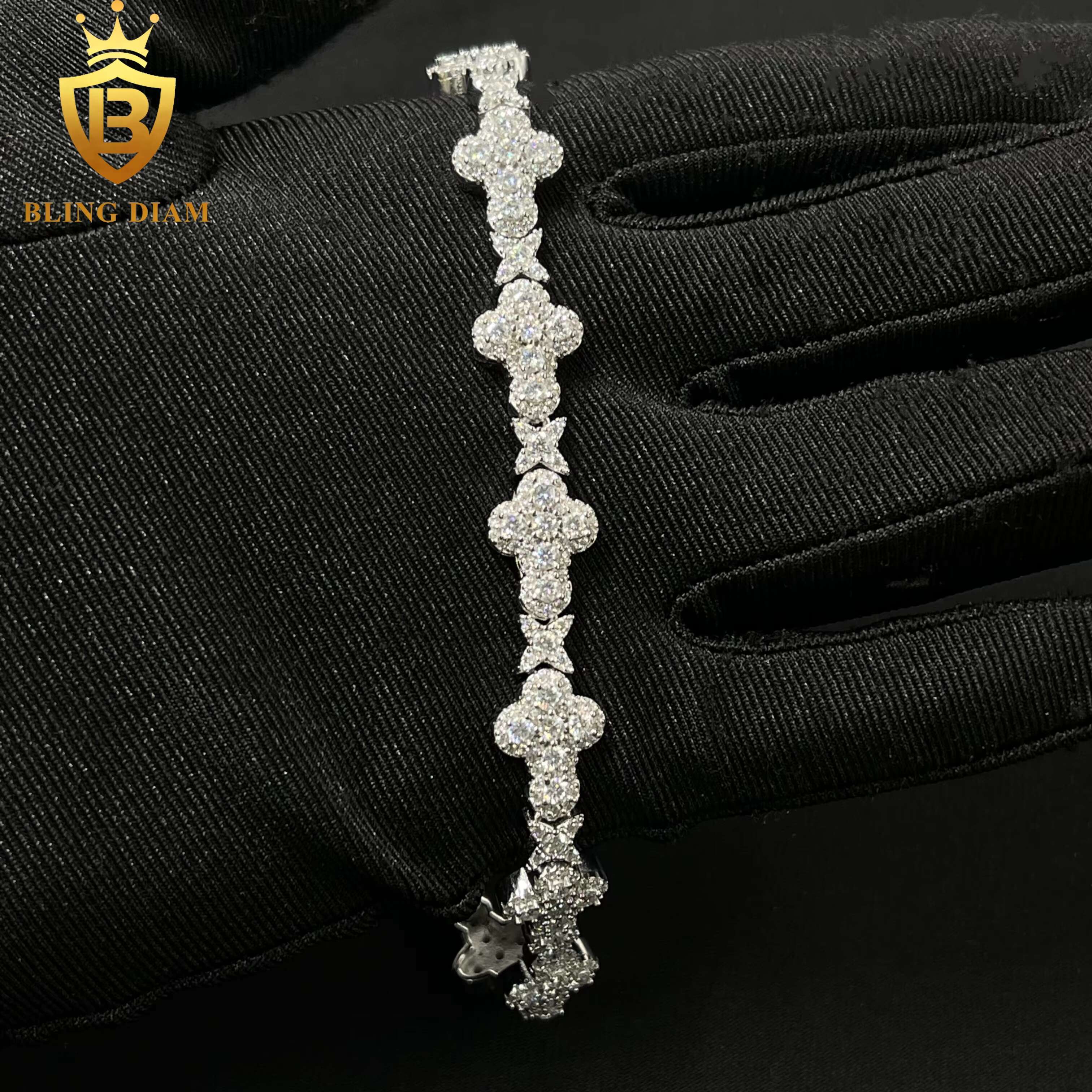 Hip Hop Jewelry 925 Silver Diamonds Moissanite Cuban Link Chain 10mm Flower Cross for Women Men Bracelets