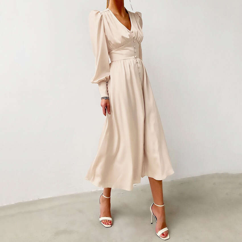 White Dress Maxi Dress 2025 Spring New Satin With Women's Design And Lantern Sleeves, Shrinking Waist To Show Thinning Temperament, Slimming Long
