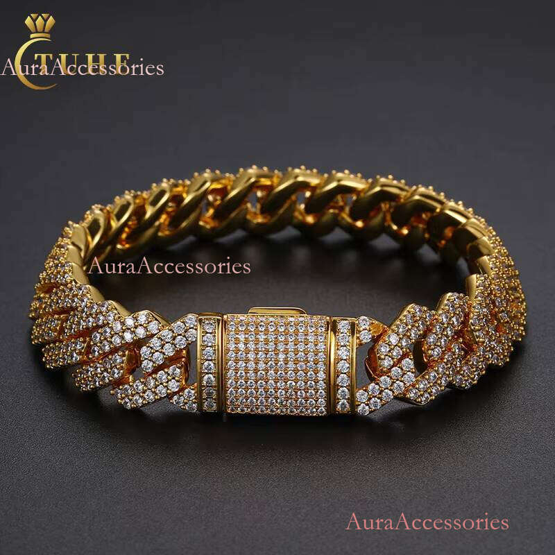 New Arrival Bileklik Hip Hop Jewelry Fashion Anklet 15mm Gold Plated Copper 2 Rows 5A CZ Stone Miami Cuban Link Chain Bracelet