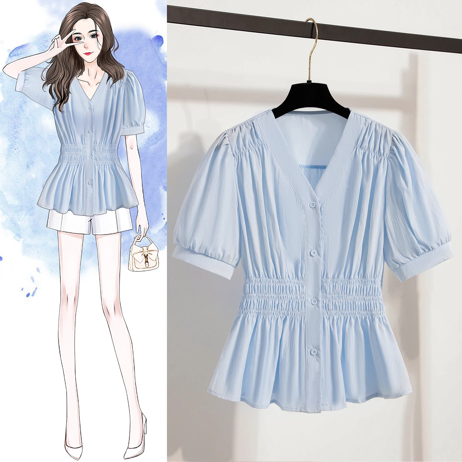 Plus Size Chiffon Blouse Women Summer Fashionable V Neck Short Sleeve Big Tops Elastic Waist Shirts Blouses 250515