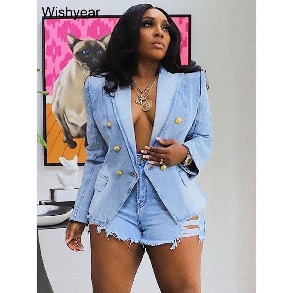 Fashion Notched Collar Long Sleeve Double Breasted Denim Coats For Women Slim Jeans Jacket Casual Streetwear Female Blazer Tops
