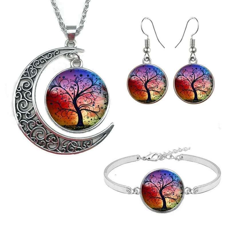 Celtic Tree Of Life Glass Cabochon Necklace Stud Earrings Bracelet Bangle Set Totally 4Pcs Women's Fashion Jewelry Creative Gift