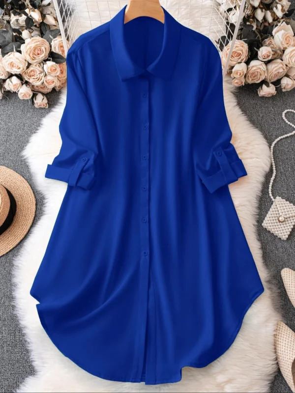 Plus Size 1XL5XL Fashion Womens Solid Color RollUp Sleeves TurnDown Collar Blouse Ladies ButtonUp Casual Chic Top Shirt 250515
